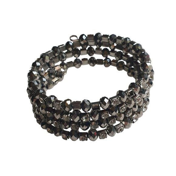 Rhinestone Crystal Beaded Coil Wrap Bracelet Expandable Metallic Black Silver - Picture 1 of 3